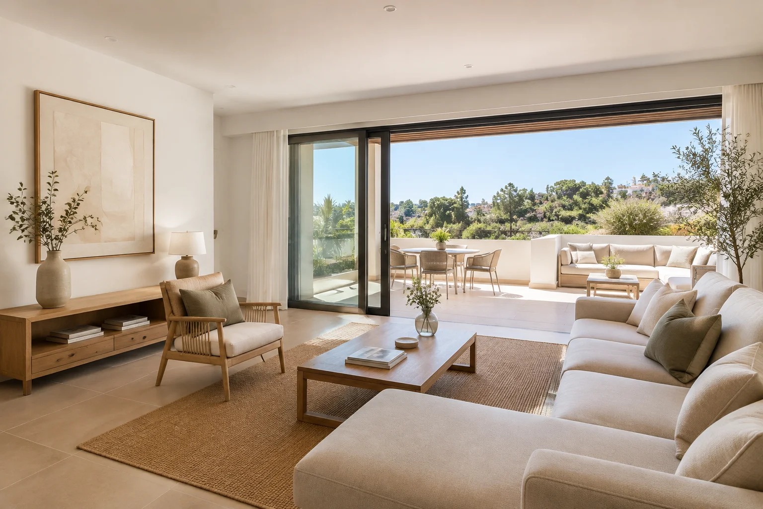 Salón luminoso con salida a la terraza de la promoción residencial en Estepona